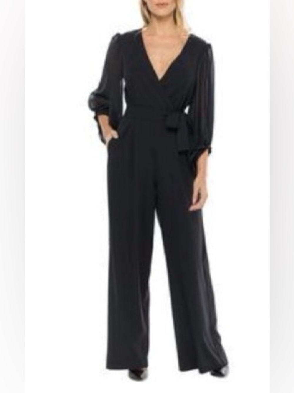 Donna Ricco women’s plus size 22W solid black jumpsuit romper sheer sleeves $149